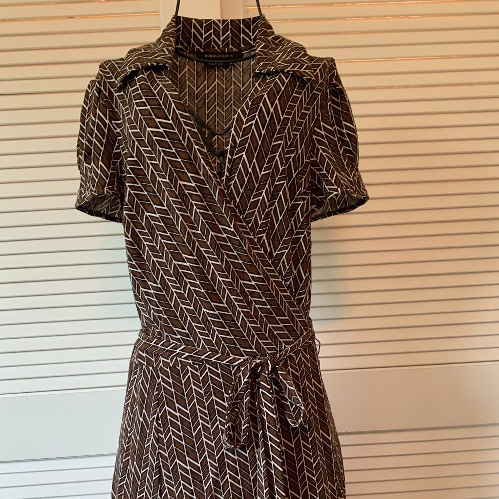 BCBG Brown and White Geometric Wrap Dress
